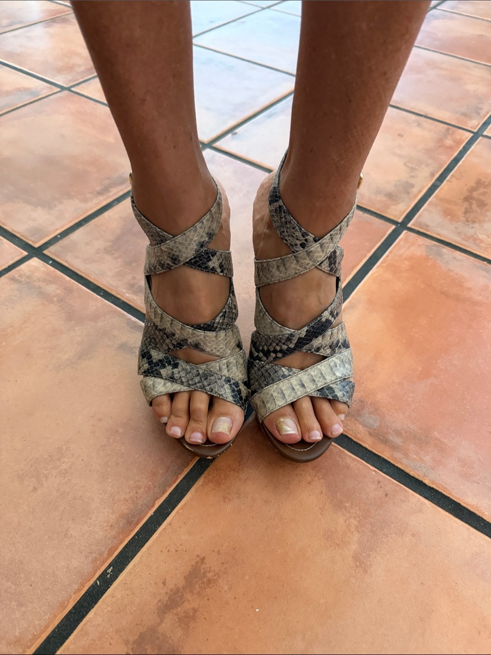Marc Fisher Snake-Print Crisscross Strappy Heels in Beige and Black size 10
